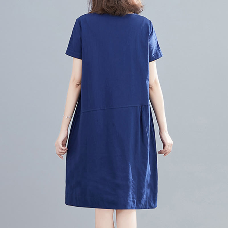 Nimara Ritual Summer Casual Plain Lace-Up Design Crew Neck Short Sleeve Cotton Linen Midi Dress With Pockets