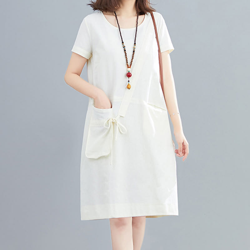 Nimara Ritual Summer Casual Plain Lace-Up Design Crew Neck Short Sleeve Cotton Linen Midi Dress With Pockets