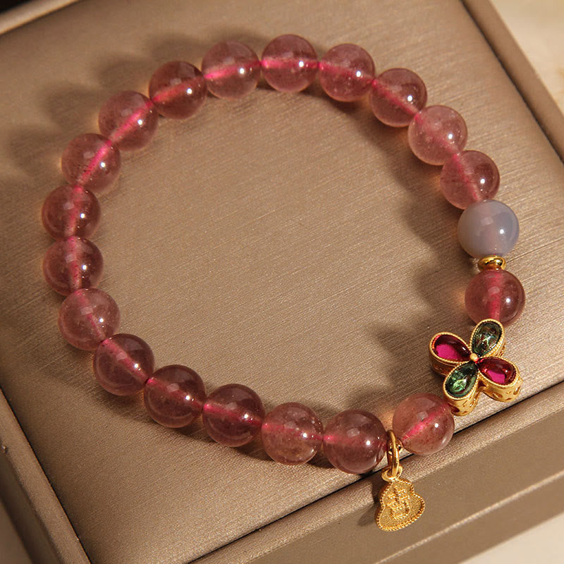 Nimara Ritual Strawberry Quartz Four-leaf Clover Lucky Gourd Healing Bracelet