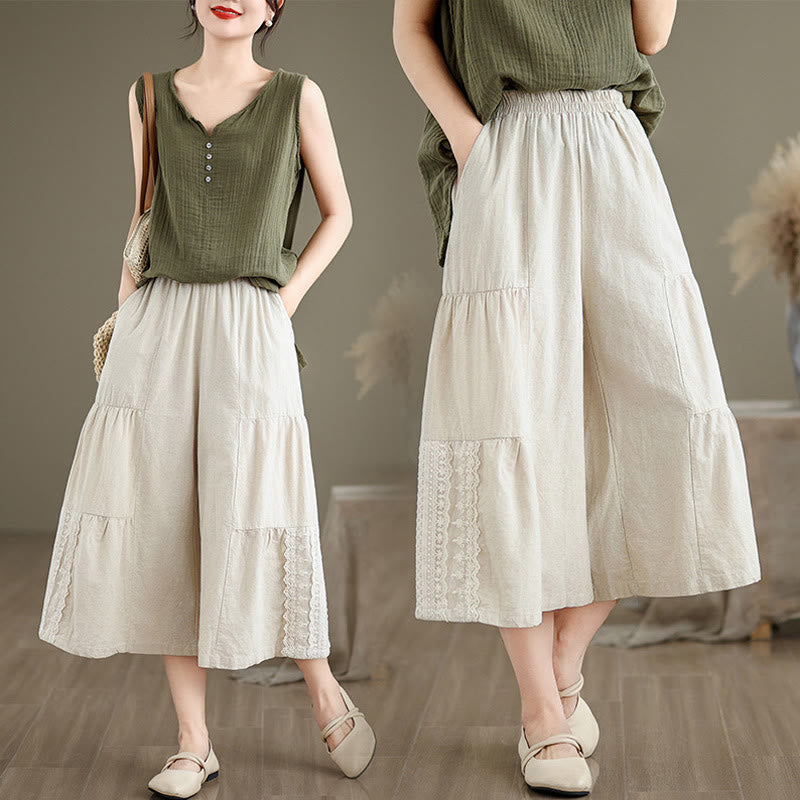 Nimara Ritual Casual Plain Lace Splicing Cotton Linen Women's Cropped Wide Leg Pants With Pockets