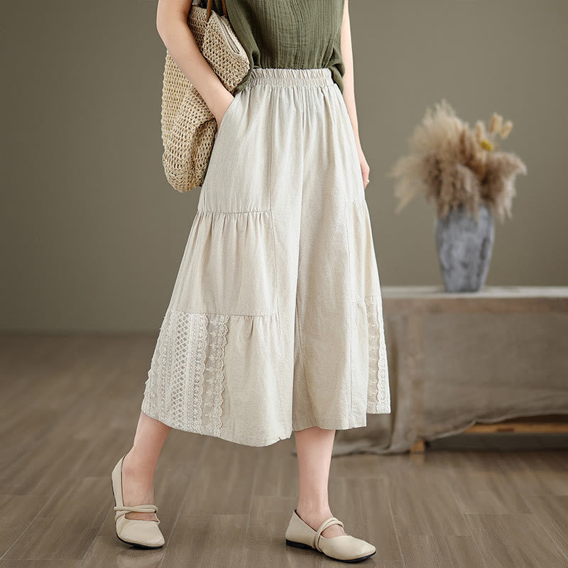 Nimara Ritual Casual Plain Lace Splicing Cotton Linen Women's Cropped Wide Leg Pants With Pockets