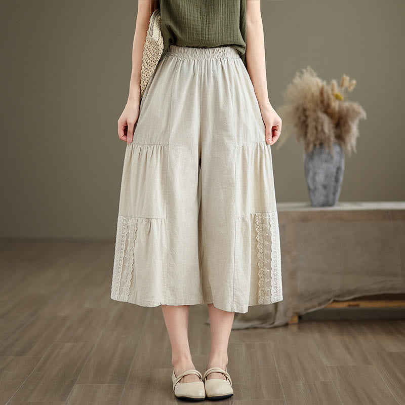 Nimara Ritual Casual Plain Lace Splicing Cotton Linen Women's Cropped Wide Leg Pants With Pockets