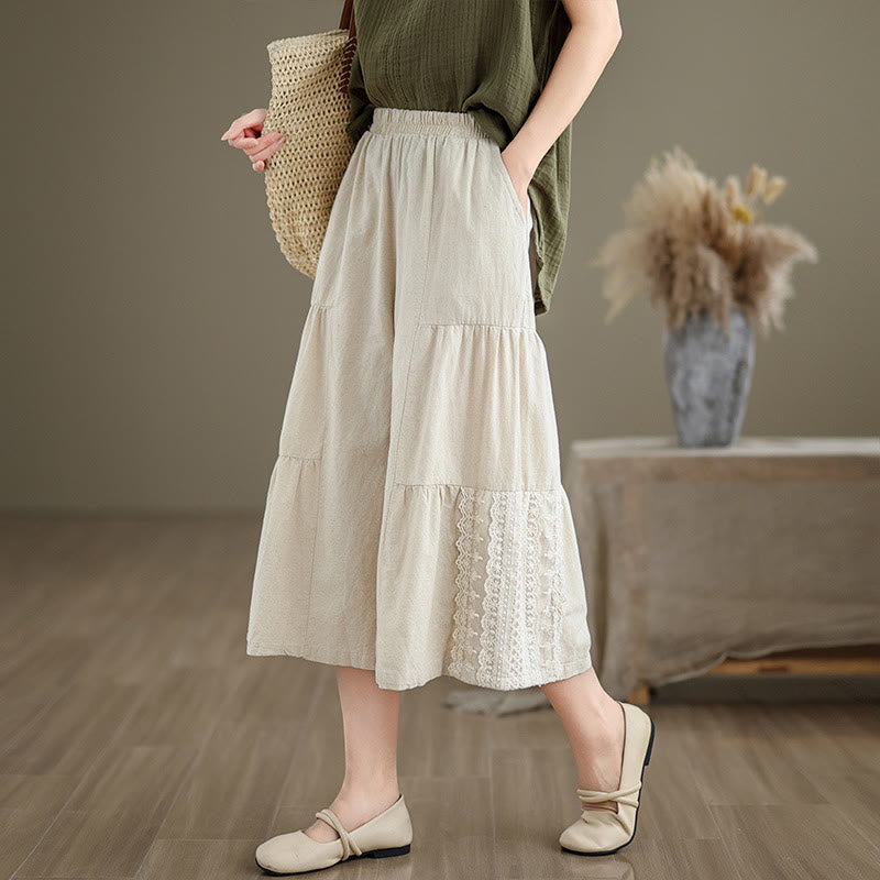 Nimara Ritual Casual Plain Lace Splicing Cotton Linen Women's Cropped Wide Leg Pants With Pockets