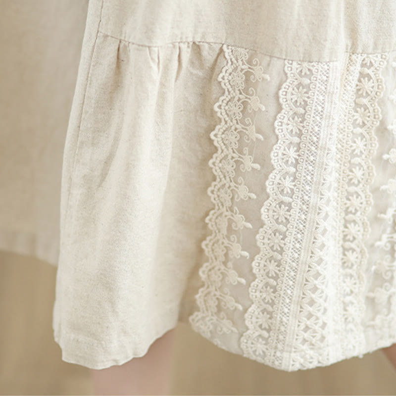 Nimara Ritual Casual Plain Lace Splicing Cotton Linen Women's Cropped Wide Leg Pants With Pockets