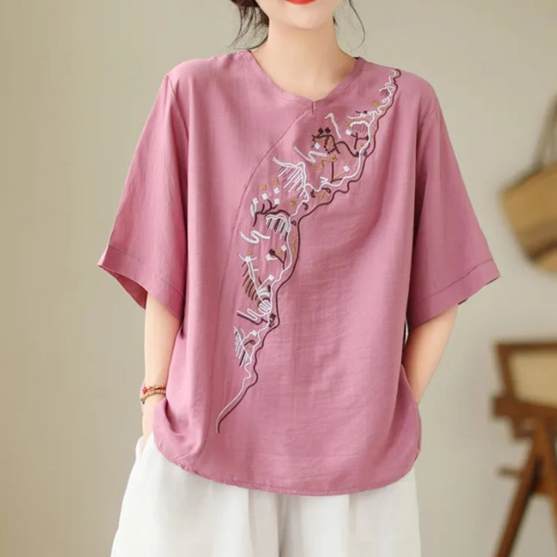 Nimara Ritual Ethnic Casual Embroidered Geometry Pattern Women's Crew Neck Design Half Sleeve T-Shirt