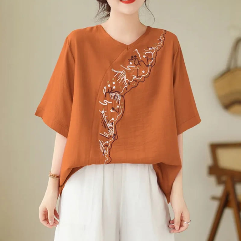Nimara Ritual Ethnic Casual Embroidered Geometry Pattern Women's Crew Neck Design Half Sleeve T-Shirt