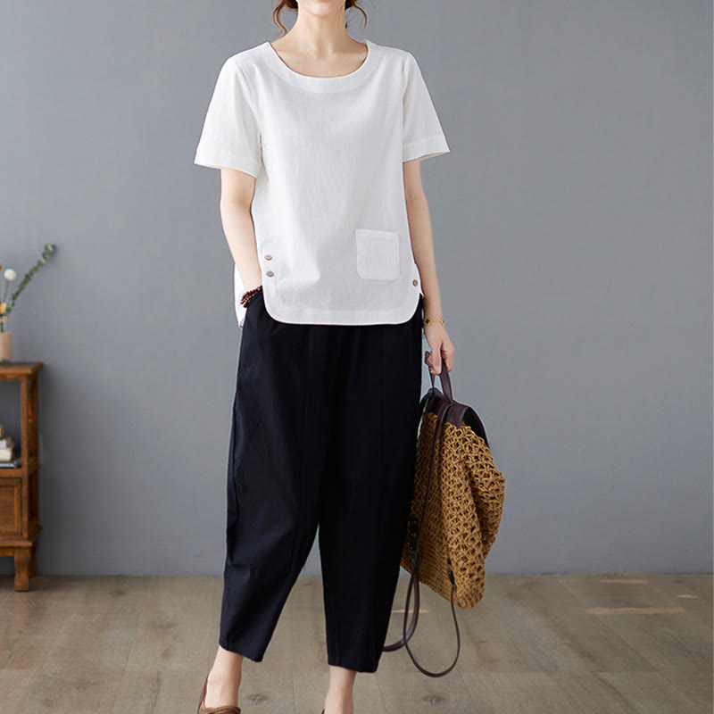 Nimara Ritual Side Slit Design Women's Cotton Polyester Crew Neck Short Sleeve T-Shirt Wtih Pocket