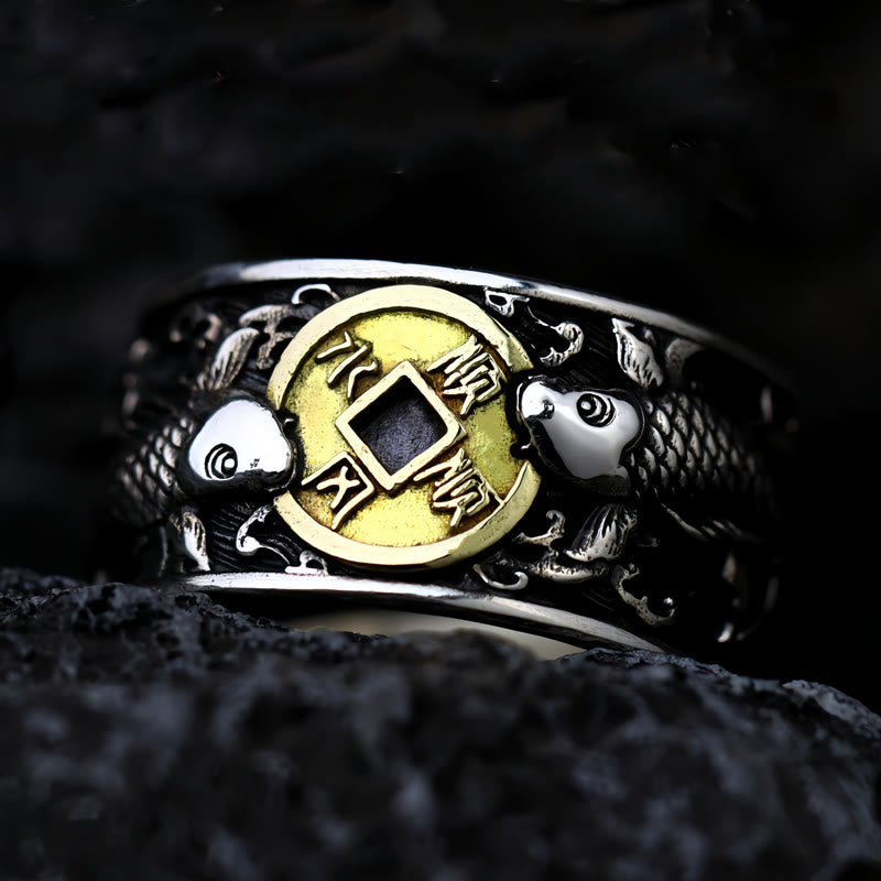 Nimara Ritual Adjustable Opening 925 Sterling Silver Lucky Koi Fish Copper Coin Auspicious Clouds Wealth Ring