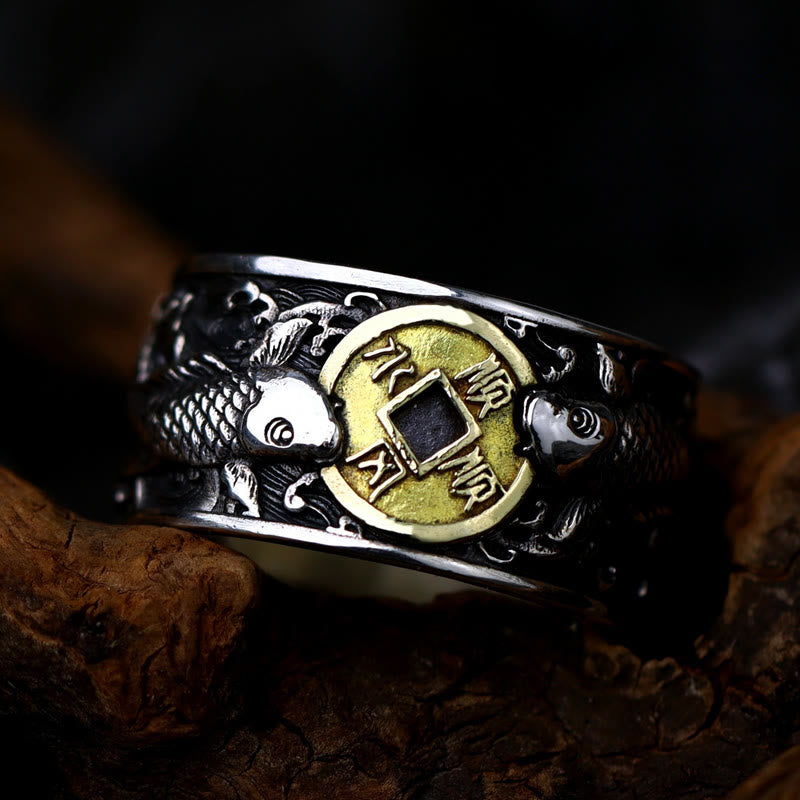 Nimara Ritual Adjustable Opening 925 Sterling Silver Lucky Koi Fish Copper Coin Auspicious Clouds Wealth Ring