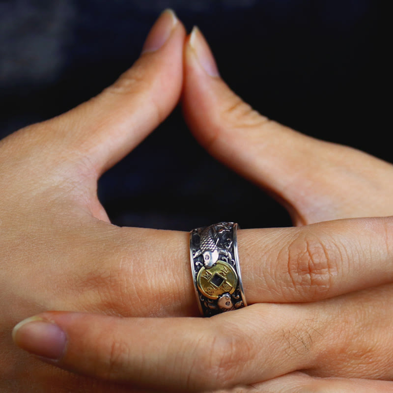 Nimara Ritual Adjustable Opening 925 Sterling Silver Lucky Koi Fish Copper Coin Auspicious Clouds Wealth Ring