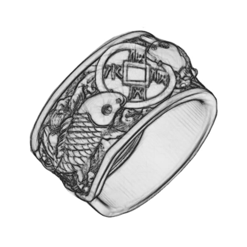 Nimara Ritual Adjustable Opening 925 Sterling Silver Lucky Koi Fish Copper Coin Auspicious Clouds Wealth Ring