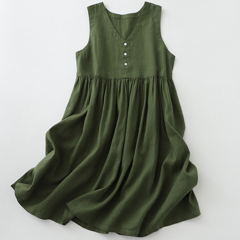 Nimara Ritual Daily Casual Pure Color V-Neck Simple Buttons Design Sleeveless Midi Dress