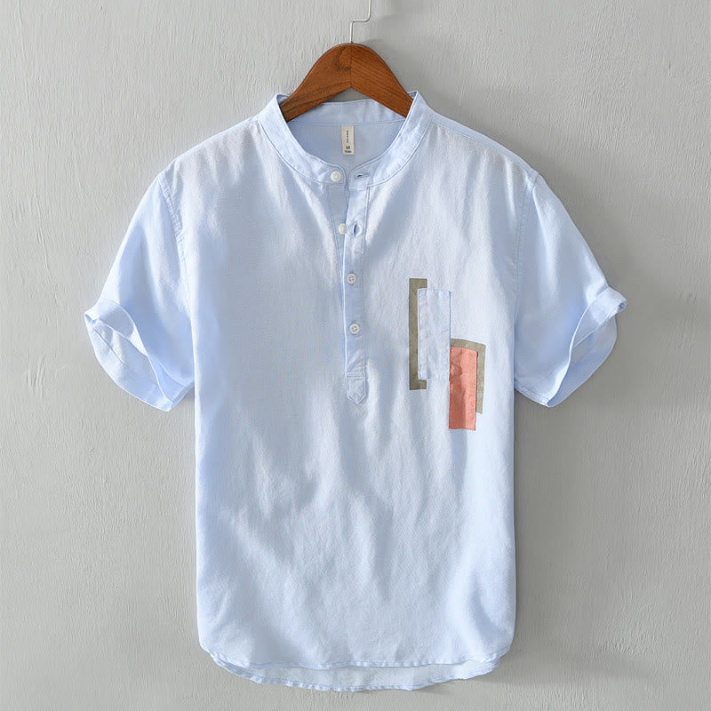 Nimara Ritual Daily Plain Patch Color Matching Design Men's Short Sleeve Cotton Linen Shirt