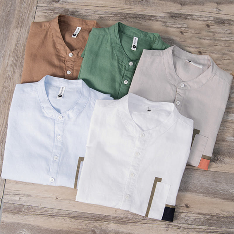 Nimara Ritual Daily Plain Patch Color Matching Design Men's Short Sleeve Cotton Linen Shirt