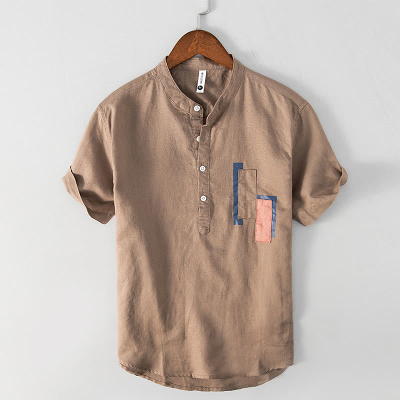 Nimara Ritual Daily Plain Patch Color Matching Design Men's Short Sleeve Cotton Linen Shirt