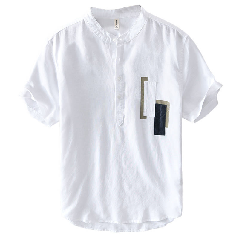 Nimara Ritual Daily Plain Patch Color Matching Design Men's Short Sleeve Cotton Linen Shirt