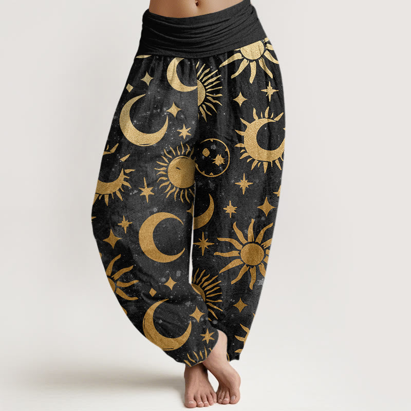 Nimara Ritual Cotton Crescent Moon Sun Stars Pattern Design Women's Elastic Waist Harem Pants