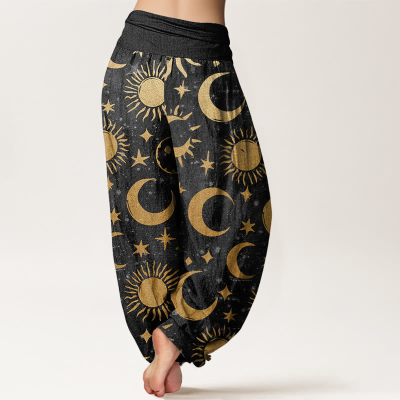 Nimara Ritual Cotton Crescent Moon Sun Stars Pattern Design Women's Elastic Waist Harem Pants