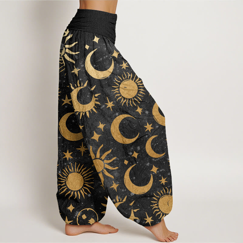 Nimara Ritual Cotton Crescent Moon Sun Stars Pattern Design Women's Elastic Waist Harem Pants