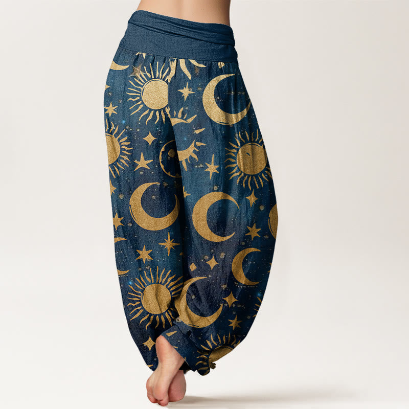 Nimara Ritual Cotton Crescent Moon Sun Stars Pattern Design Women's Elastic Waist Harem Pants