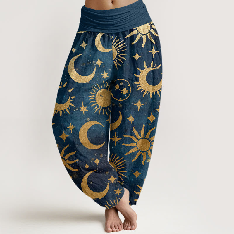 Nimara Ritual Cotton Crescent Moon Sun Stars Pattern Design Women's Elastic Waist Harem Pants