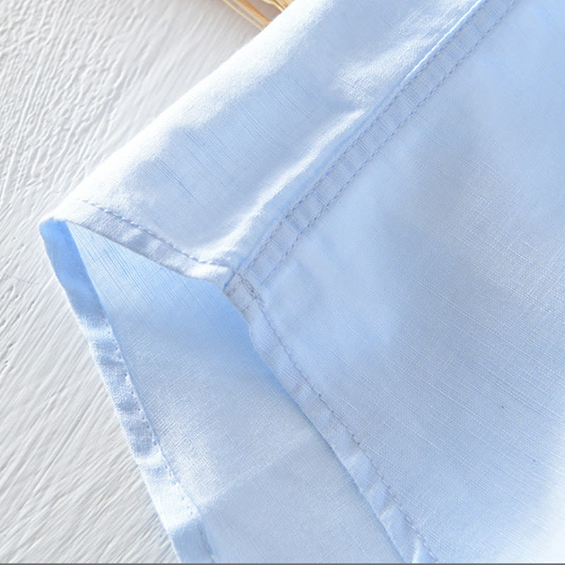Nimara Ritual Solid Color Half Button Design Stand Collar Men's Short Sleeve Cotton Linen Shirt