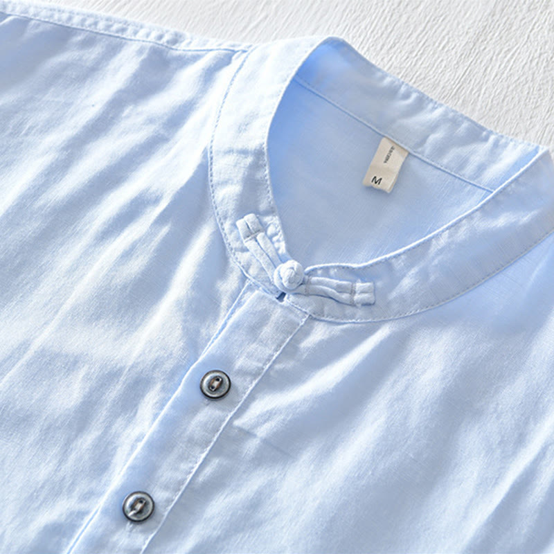 Nimara Ritual Solid Color Half Button Design Stand Collar Men's Short Sleeve Cotton Linen Shirt