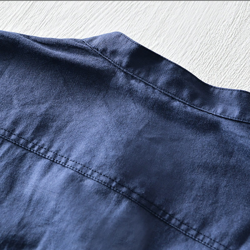 Nimara Ritual Solid Color Half Button Design Stand Collar Men's Short Sleeve Cotton Linen Shirt