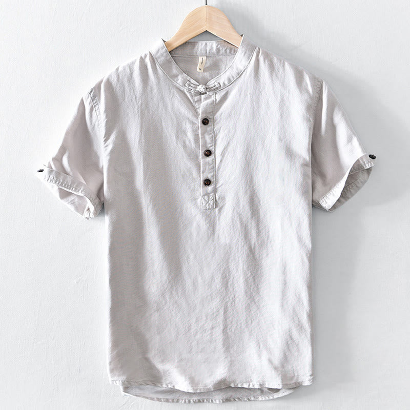 Nimara Ritual Solid Color Half Button Design Stand Collar Men's Short Sleeve Cotton Linen Shirt