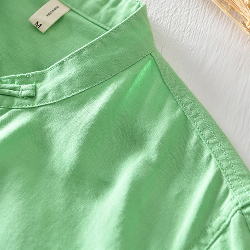 Nimara Ritual Solid Color Half Button Design Stand Collar Men's Short Sleeve Cotton Linen Shirt