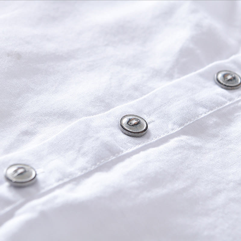 Nimara Ritual Solid Color Half Button Design Stand Collar Men's Short Sleeve Cotton Linen Shirt