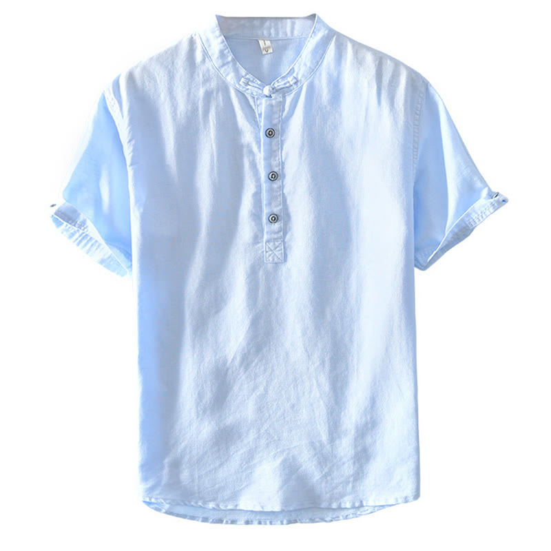 Nimara Ritual Solid Color Half Button Design Stand Collar Men's Short Sleeve Cotton Linen Shirt