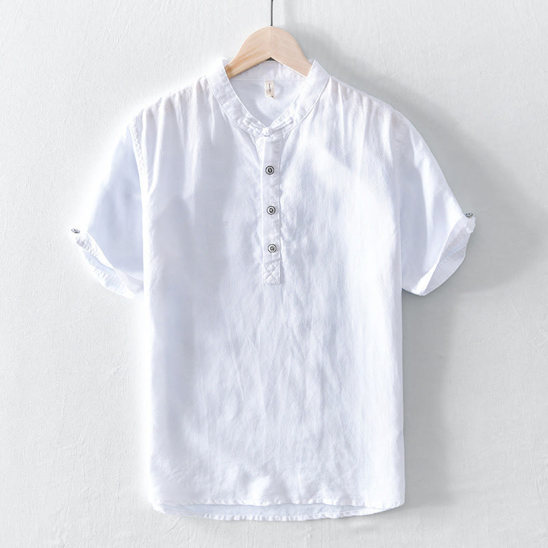Nimara Ritual Solid Color Half Button Design Stand Collar Men's Short Sleeve Cotton Linen Shirt