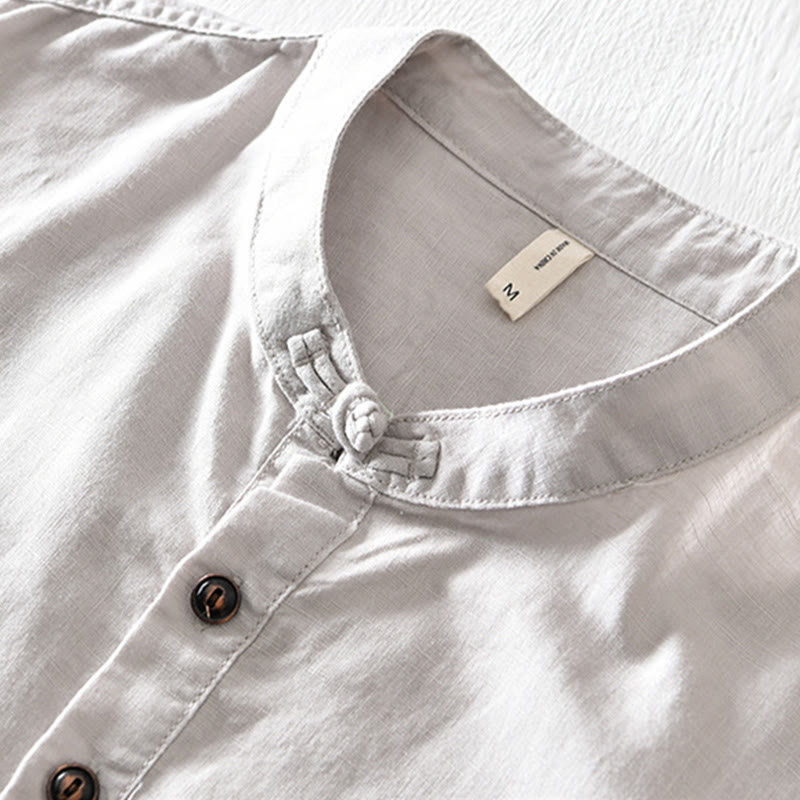Nimara Ritual Solid Color Half Button Design Stand Collar Men's Short Sleeve Cotton Linen Shirt