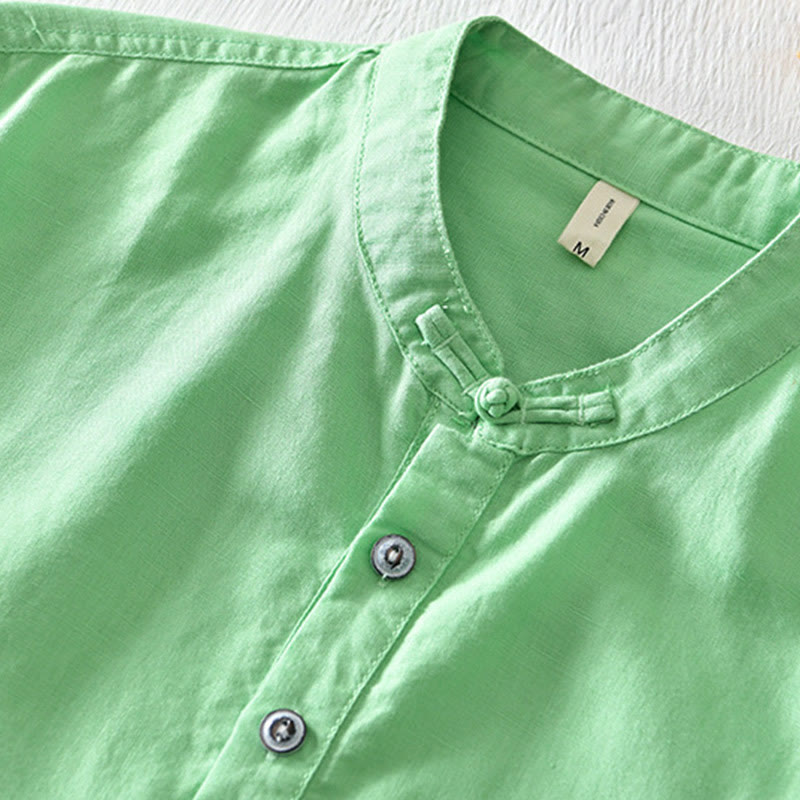 Nimara Ritual Solid Color Half Button Design Stand Collar Men's Short Sleeve Cotton Linen Shirt