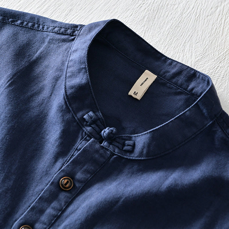 Nimara Ritual Solid Color Half Button Design Stand Collar Men's Short Sleeve Cotton Linen Shirt