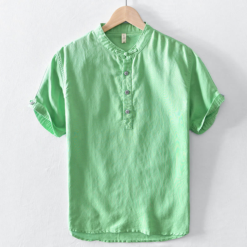 Nimara Ritual Solid Color Half Button Design Stand Collar Men's Short Sleeve Cotton Linen Shirt