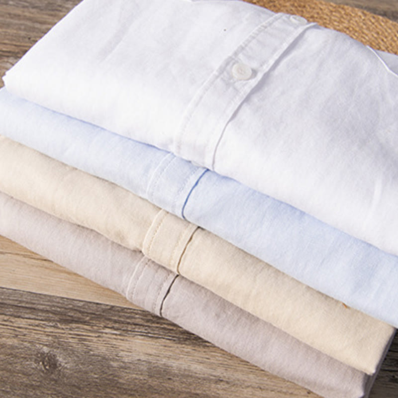 Nimara Ritual Casual Daily Simple Buttons Design Stand Collar Men's Short Sleeve Cotton Linen Shirt With Front Pockets