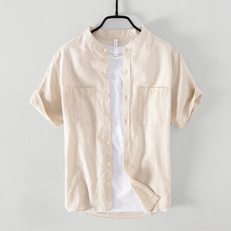 Nimara Ritual Casual Daily Simple Buttons Design Stand Collar Men's Short Sleeve Cotton Linen Shirt With Front Pockets