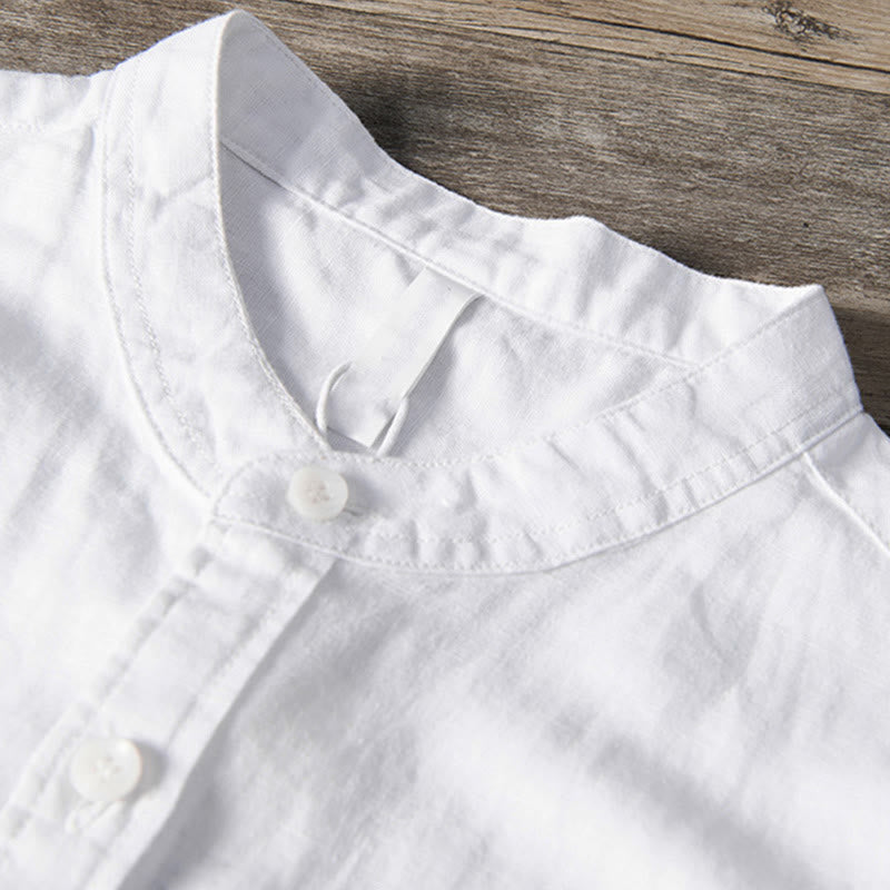 Nimara Ritual Casual Daily Simple Buttons Design Stand Collar Men's Short Sleeve Cotton Linen Shirt With Front Pockets
