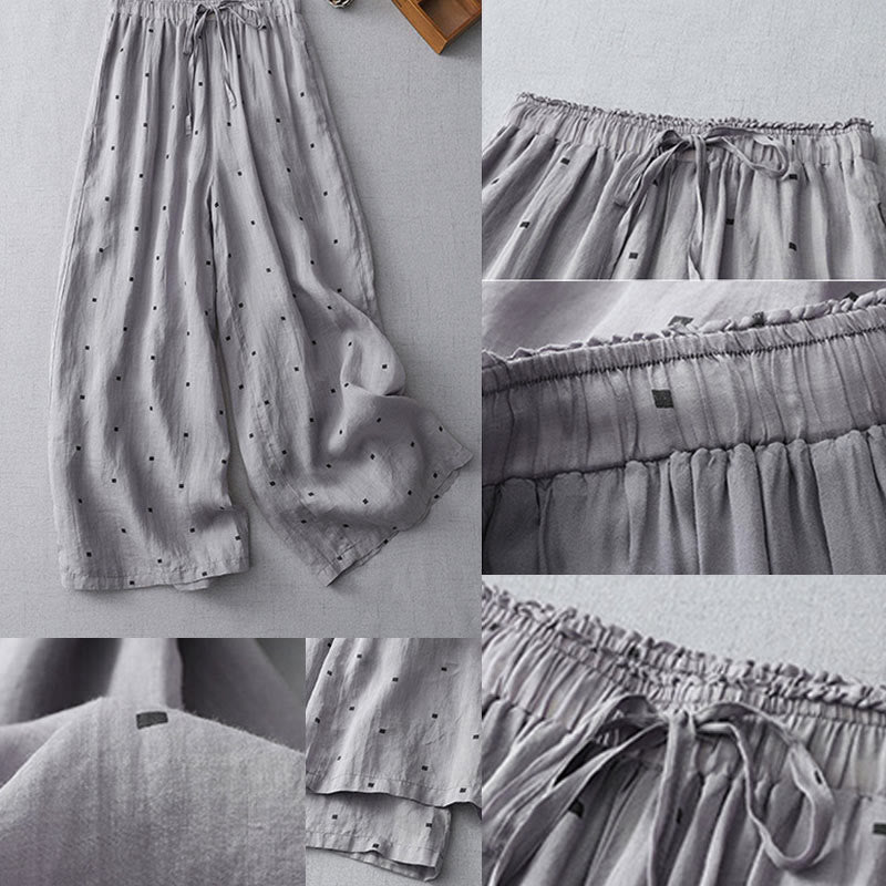 Nimara Ritual Summer Casual Polka Dot Pattern Design Cotton Linen Women's Wide Leg Pants With Pockets