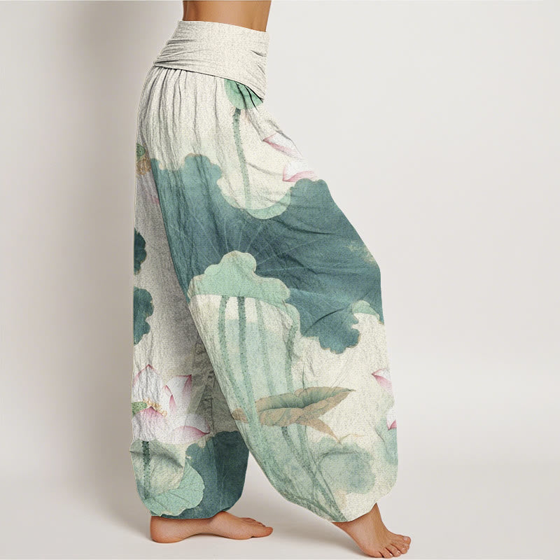 Nimara Ritual Cotton Casual Lotus Petal Pods Pattern Women's Elastic Waist Harem Pants