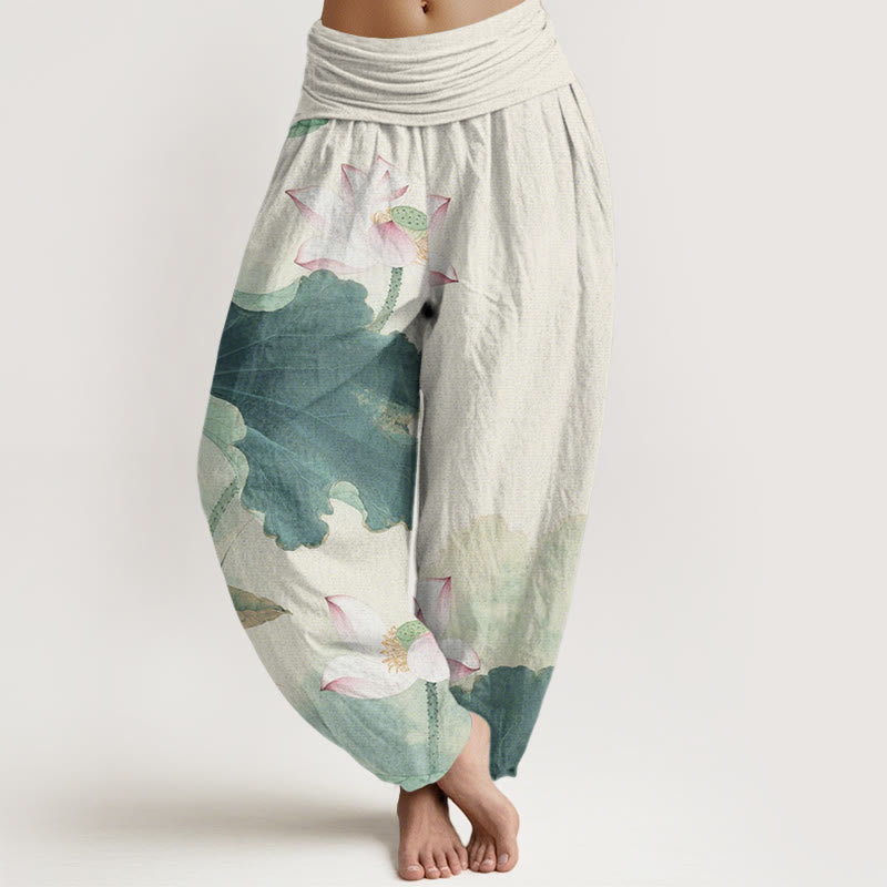 Nimara Ritual Cotton Casual Lotus Petal Pods Pattern Women's Elastic Waist Harem Pants