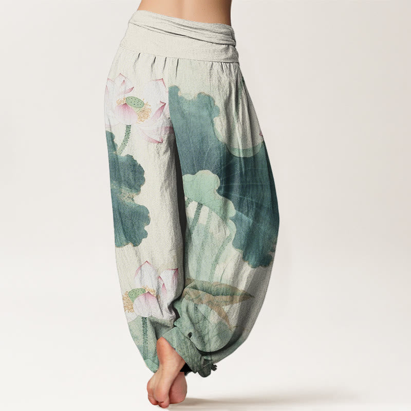 Nimara Ritual Cotton Casual Lotus Petal Pods Pattern Women's Elastic Waist Harem Pants