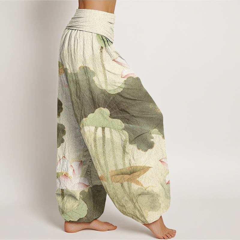 Nimara Ritual Cotton Casual Lotus Petal Pods Pattern Women's Elastic Waist Harem Pants