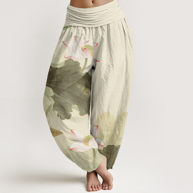 Nimara Ritual Cotton Casual Lotus Petal Pods Pattern Women's Elastic Waist Harem Pants
