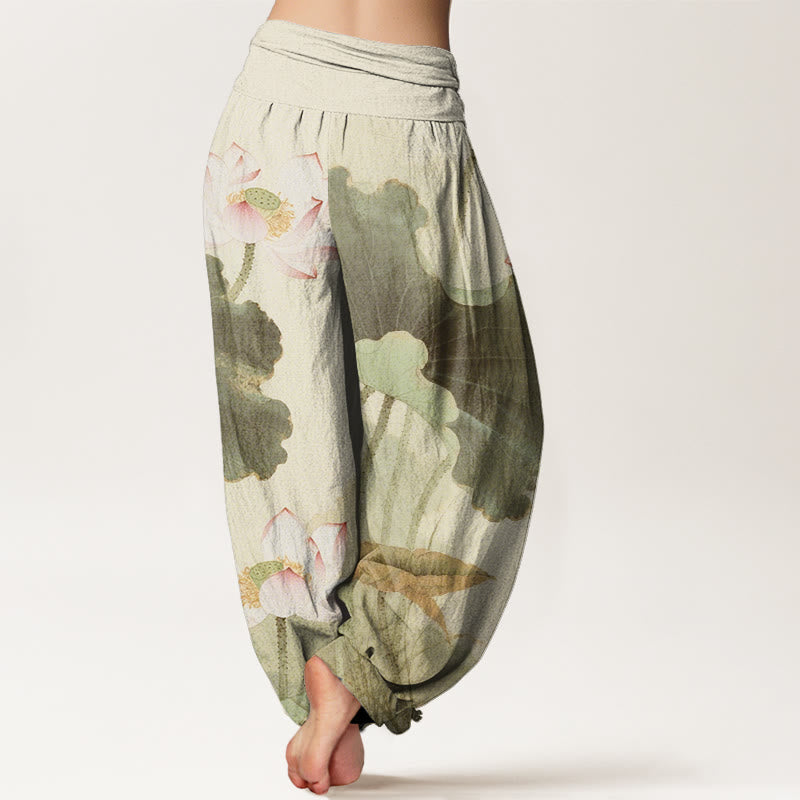 Nimara Ritual Cotton Casual Lotus Petal Pods Pattern Women's Elastic Waist Harem Pants
