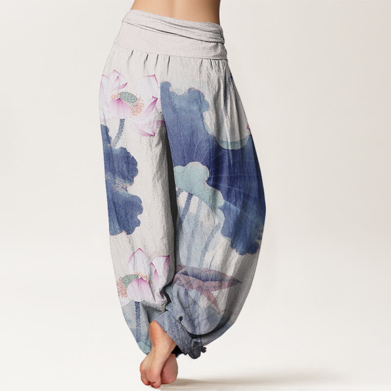 Nimara Ritual Cotton Casual Lotus Petal Pods Pattern Women's Elastic Waist Harem Pants