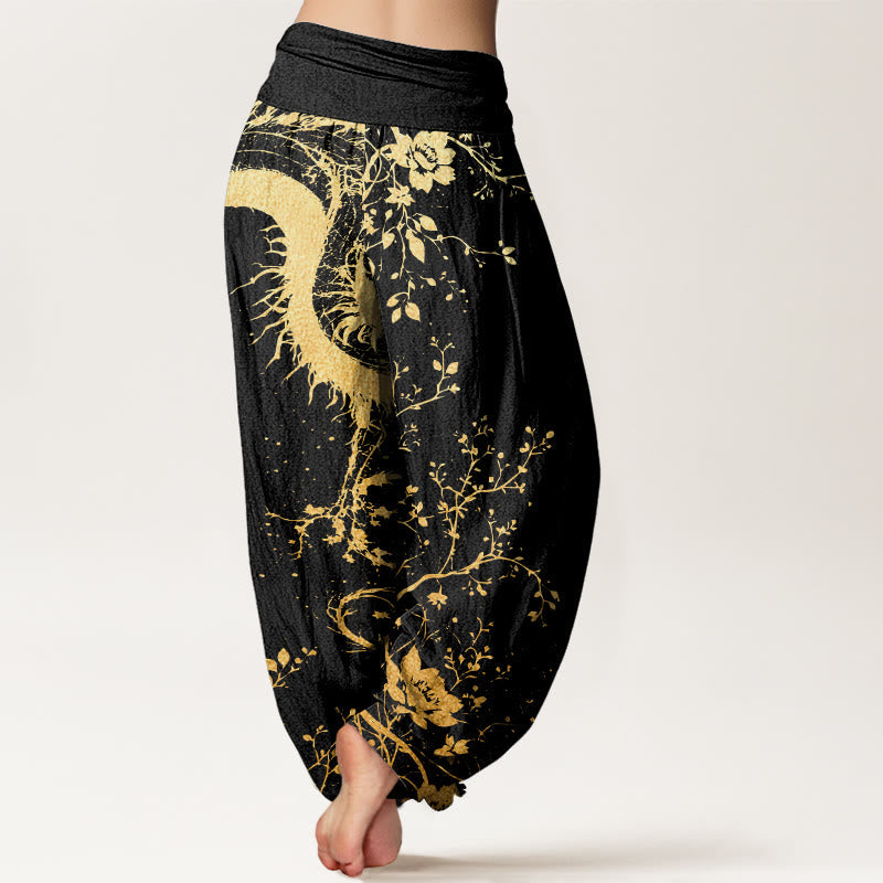 Nimara Ritual Cotton Casual Dragon Flower Leaf Pattern Women's Elastic Waist Harem Pants
