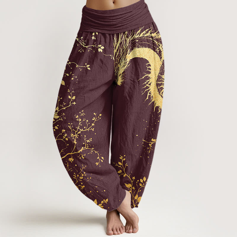Nimara Ritual Cotton Casual Dragon Flower Leaf Pattern Women's Elastic Waist Harem Pants